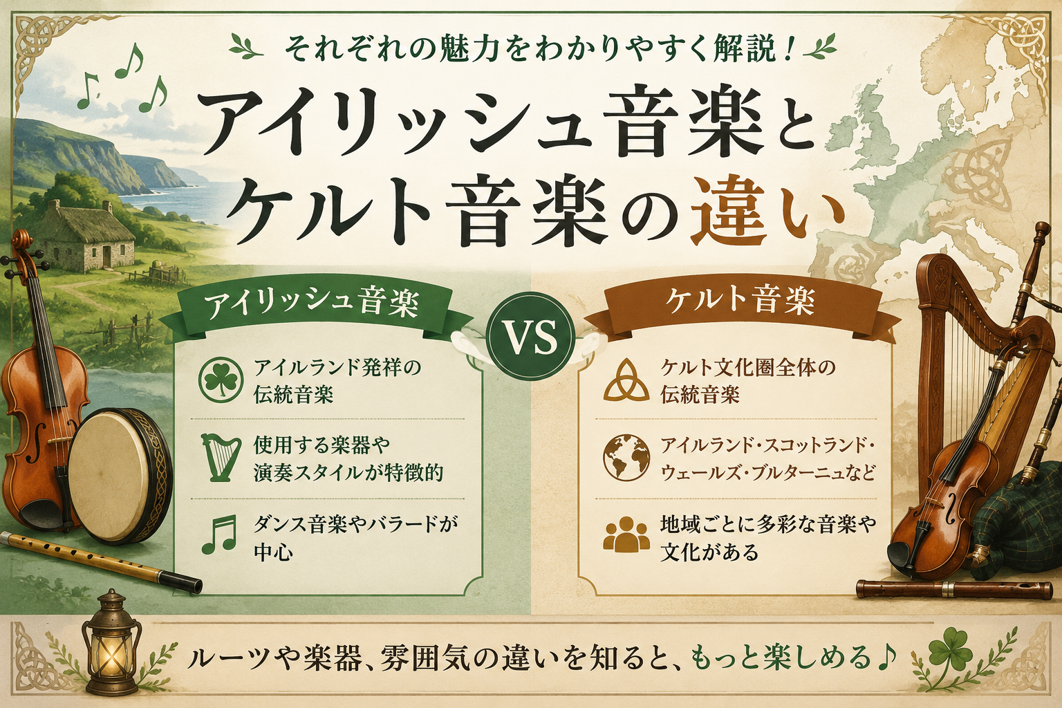 アイリッシュ音楽とケルト音楽の違いを、ルーツ・地域・楽器・雰囲気の視点で比較しながらわかりやすく紹介する記事用見出し画像。
