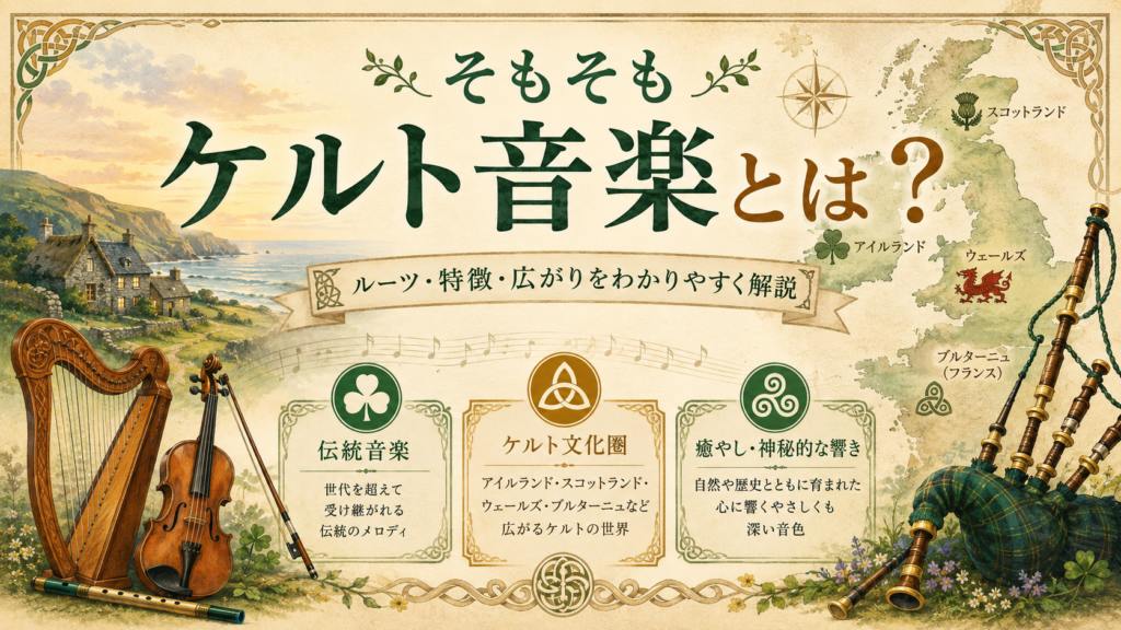ケルト音楽とは何かを、ルーツ・特徴・広がり・代表的な楽器や地域の雰囲気とともにわかりやすく紹介する記事用見出し画像。