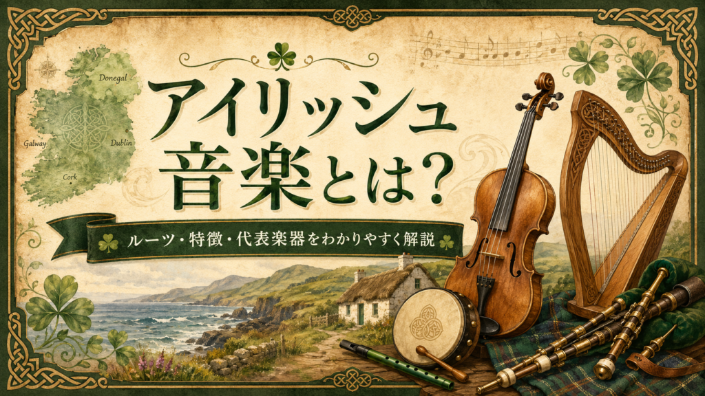 アイリッシュ音楽とは何かを、アイルランドのルーツ・特徴・代表楽器や伝統的な雰囲気とともにわかりやすく紹介する記事用見出し画像。