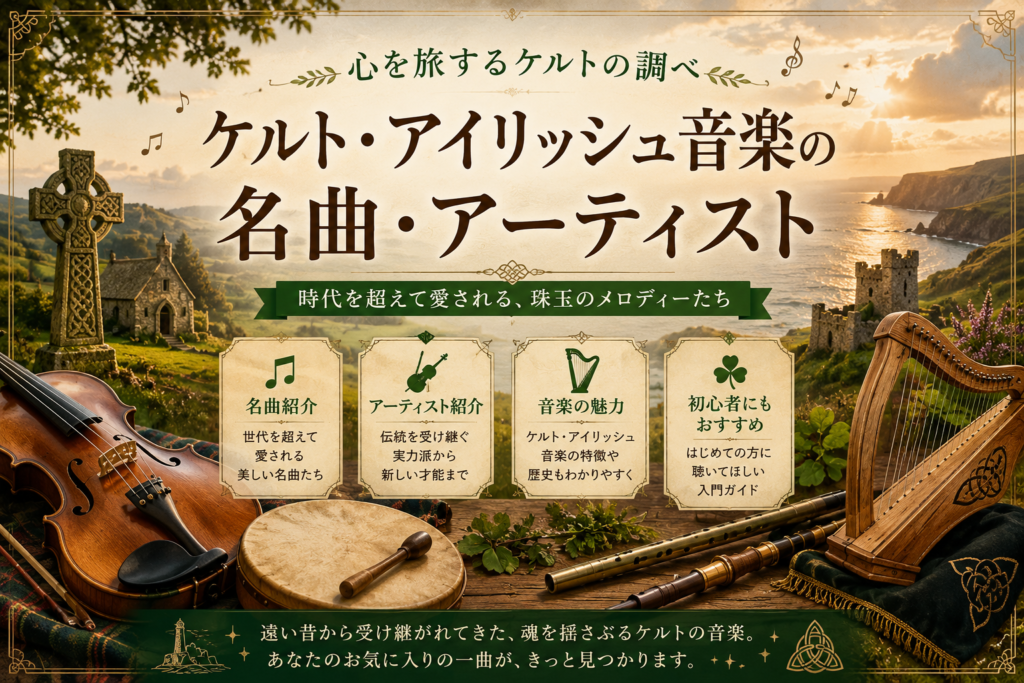 ケルト・アイリッシュ音楽の名曲やアーティストを、伝統楽器やアイルランド風景の雰囲気とともに紹介する記事用見出し画像。