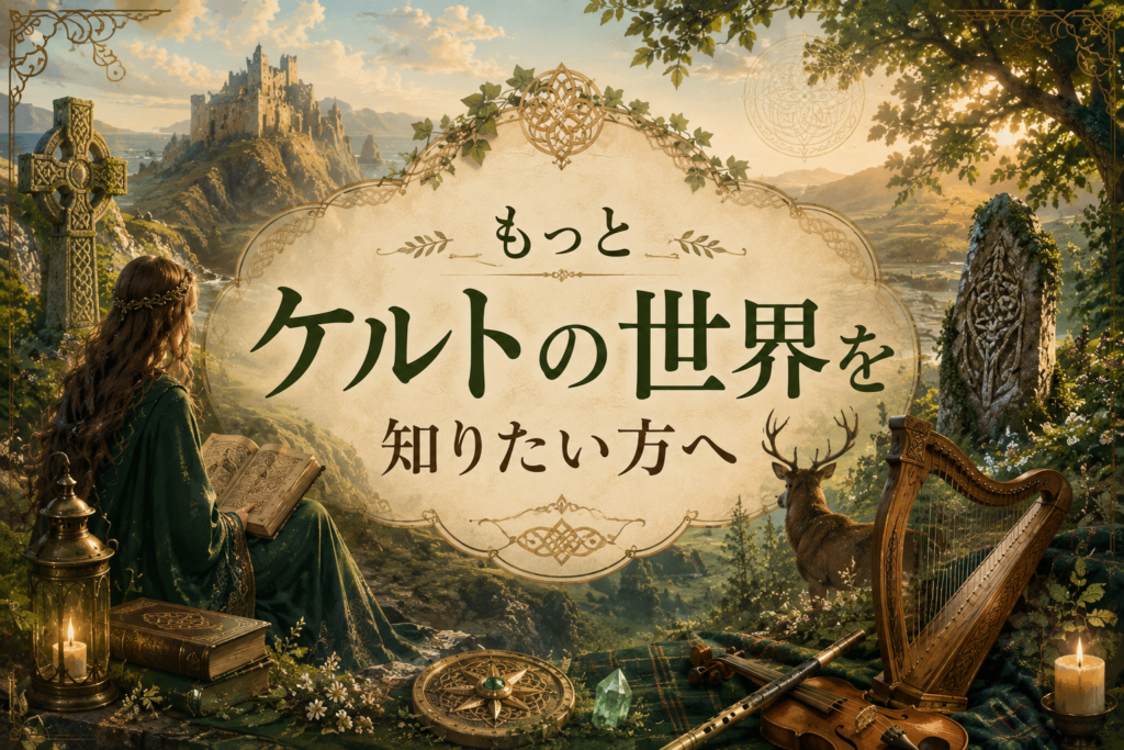 もっとケルトの世界を知りたい方へ向けて、古城・森・鹿・ハープ・古書などケルト風の幻想的な世界観を表現した記事用見出し画像。