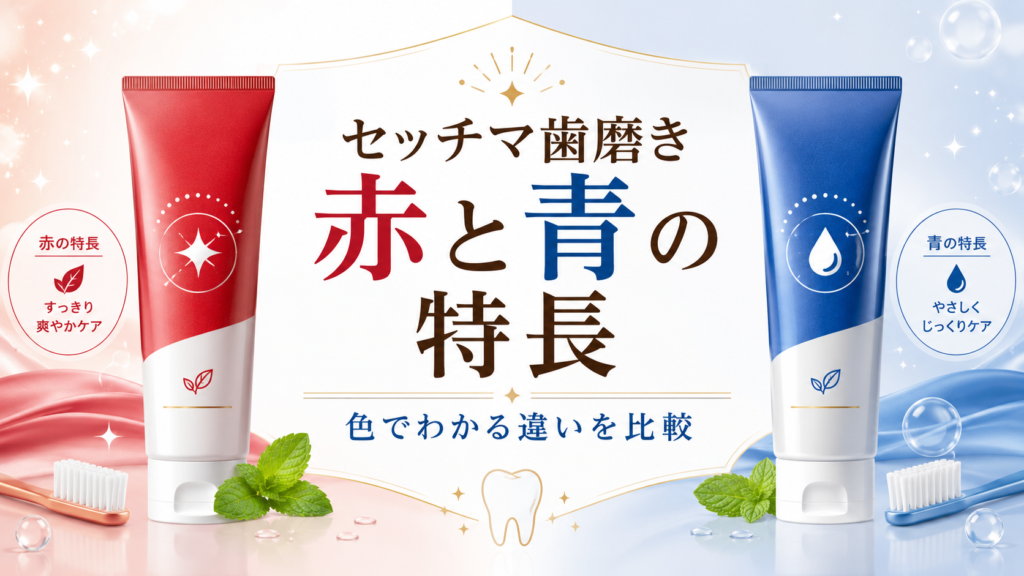 セッチマ歯磨きの赤と青の特徴を、商品デザインを使わず色味で比較した記事用サムネイル画像。