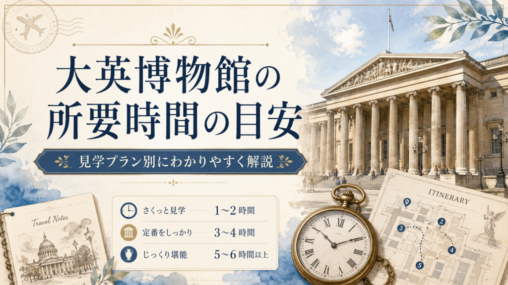 大英博物館の所要時間の目安として、さくっと見学・定番をしっかり・じっくり堪能の時間別プランを紹介する見出し画像。