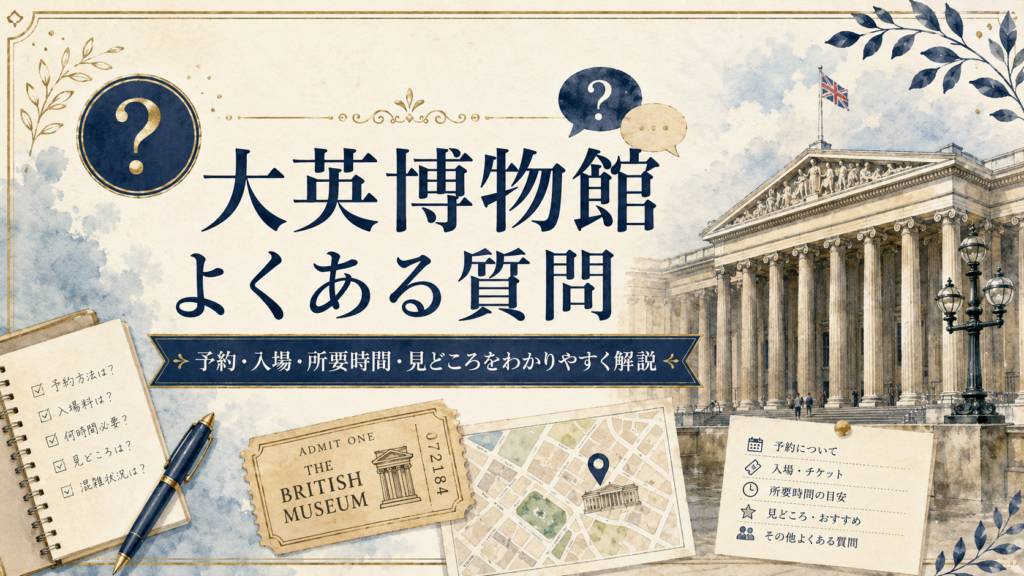 大英博物館のよくある質問をまとめ、予約方法や入場料、所要時間、見どころを紹介する見出し画像。