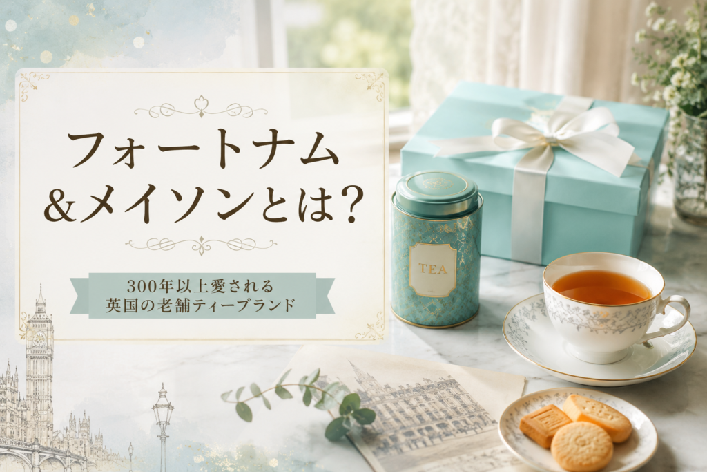 英国らしいティータイムをイメージした、水色のギフトボックスと紅茶缶、ティーカップ、焼き菓子の見出し画像。「フォートナム&メイソンとは？」と書かれている。