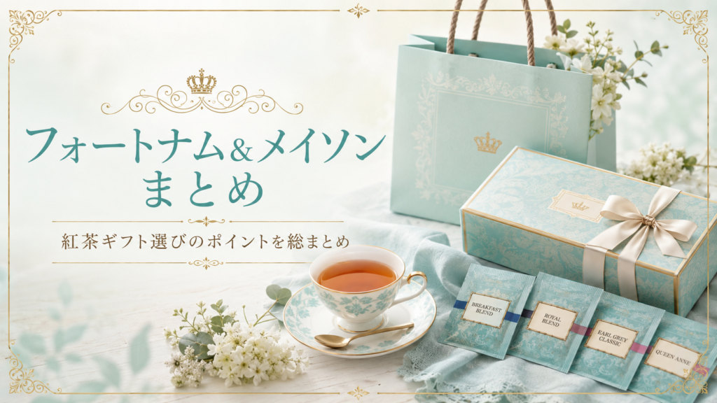 水色の紅茶ギフトボックスとギフトバッグ、ティーカップ、4種類のティーバッグを並べた見出し画像。「フォートナム&メイソンまとめ」と書かれ、紅茶ギフト選びのポイントを総まとめする内容を表している。