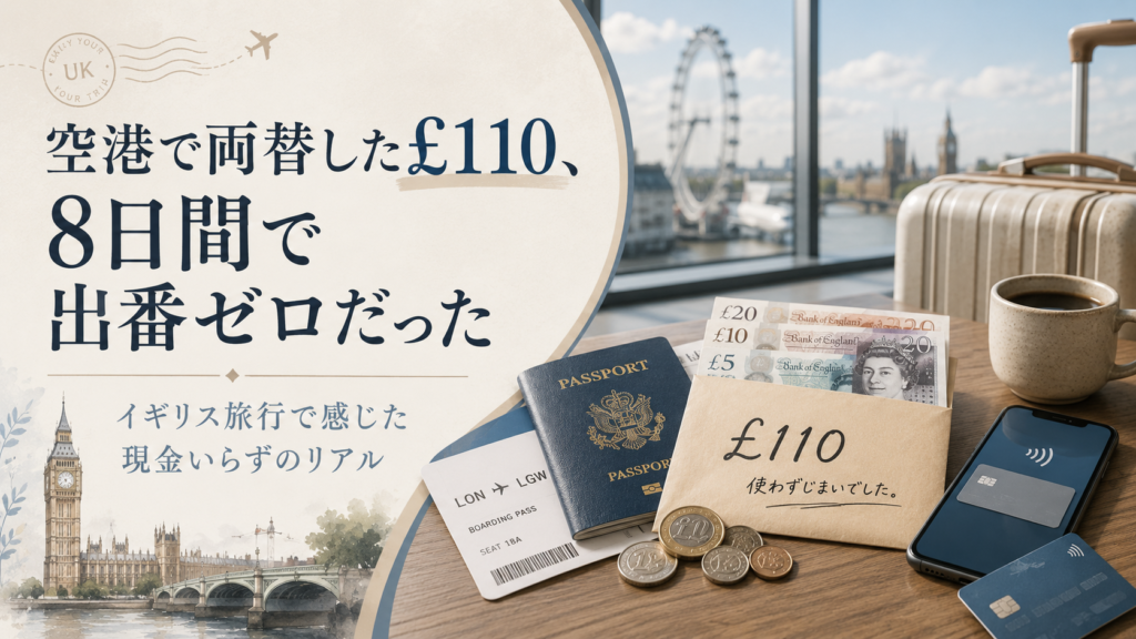 ロンドンの街並みを背景に、英国ポンド紙幣や硬貨、パスポート、搭乗券、クレジットカードを並べた見出し画像。「空港で両替した£110、8日間で出番ゼロだった」と書かれ、イギリス旅行で現金をほとんど使わなかった体験を表している。