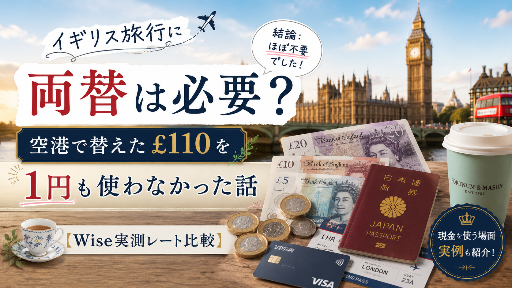 ロンドンのビッグ・ベンと国会議事堂を背景に、英国ポンド紙幣や硬貨、日本のパスポート、クレジットカードを並べたアイキャッチ画像。「イギリス旅行に両替は必要？空港で替えた£110を1円も使わなかった話【Wise実測レート比較】」と書かれている。