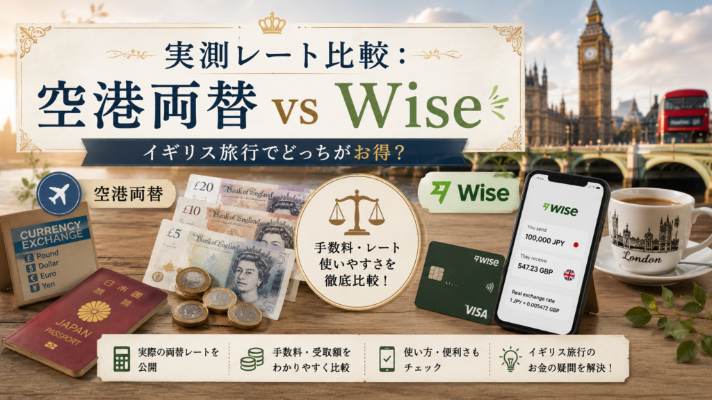 ロンドンのビッグ・ベンを背景に、空港両替の英国ポンド現金とWiseのカード・スマートフォンを並べた見出し画像。「実測レート比較：空港両替 vs Wise」と書かれ、手数料や受取額、使いやすさを比較する内容を表している。
