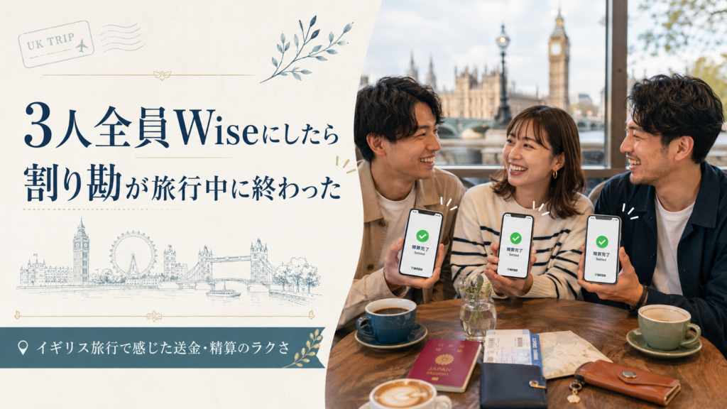 ロンドンの街並みを背景に、3人の旅行者がスマートフォンの精算完了画面を見せながら笑顔で過ごしている見出し画像。「3人全員Wiseにしたら割り勘が旅行中に終わった」と書かれ、イギリス旅行での送金や立替精算の便利さを表している。