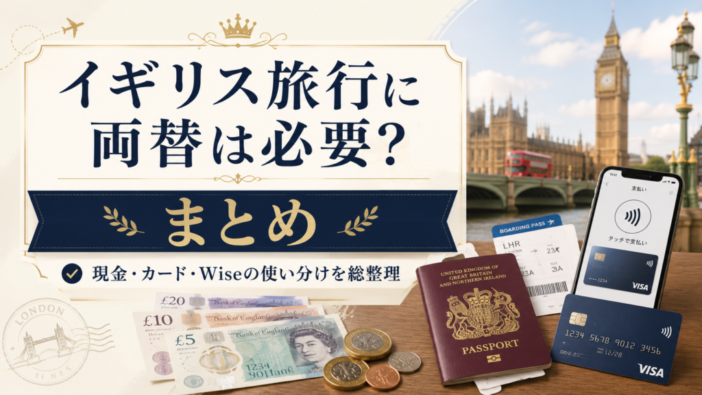 ロンドンのビッグ・ベンと国会議事堂を背景に、英国ポンドの現金、パスポート、搭乗券、クレジットカード、タッチ決済画面のスマートフォンを並べた見出し画像。「イギリス旅行に両替は必要？まとめ」と書かれ、現金・カード・Wiseの使い分けを整理する内容を表している。