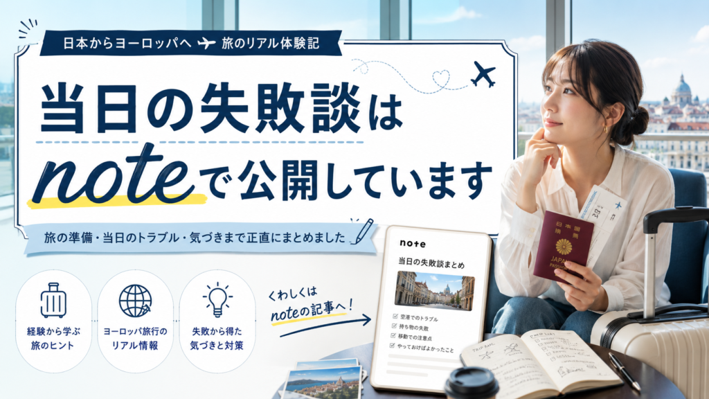 空港でパスポートと搭乗券を持つ日本人女性と、旅の記録をまとめたnote記事画面を描いた見出し画像。「当日の失敗談はnoteで公開しています」と書かれ、ヨーロッパ旅行でのトラブルや学びを紹介している。