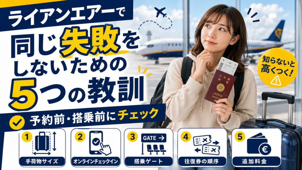空港で日本人女性がパスポートと搭乗券を持ちながら考え込んでいる見出し画像。「ライアンエアーで同じ失敗をしないための5つの教訓」と書かれ、手荷物サイズ、オンラインチェックイン、搭乗ゲート、往復券の順序、追加料金の5項目を確認できる内容になっている。