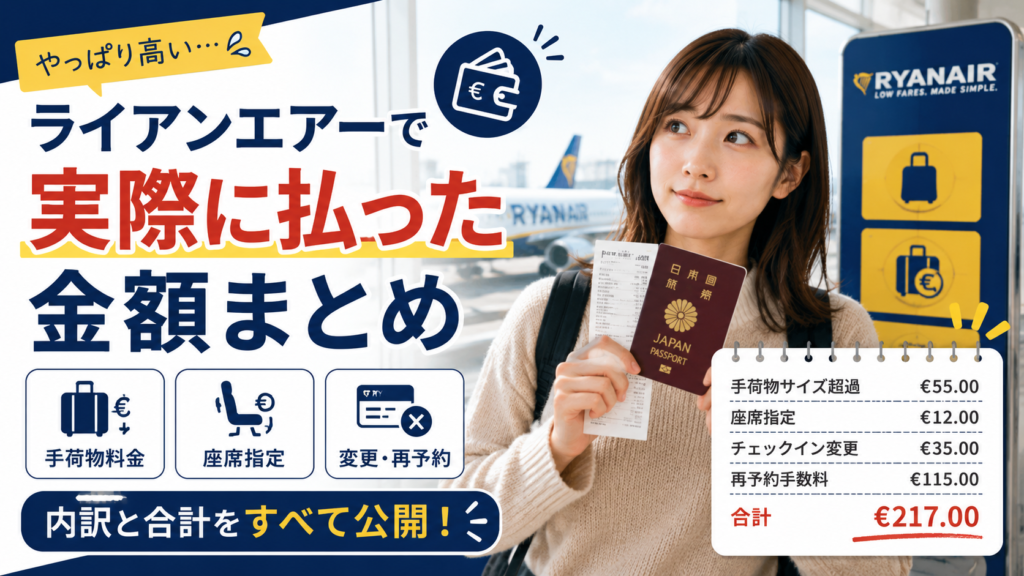 空港で日本人女性がパスポートと利用明細を持ち、ライアンエアーで実際に支払った費用を紹介している見出し画像。手荷物料金、座席指定、変更・再予約などの内訳と合計金額が表示されている。