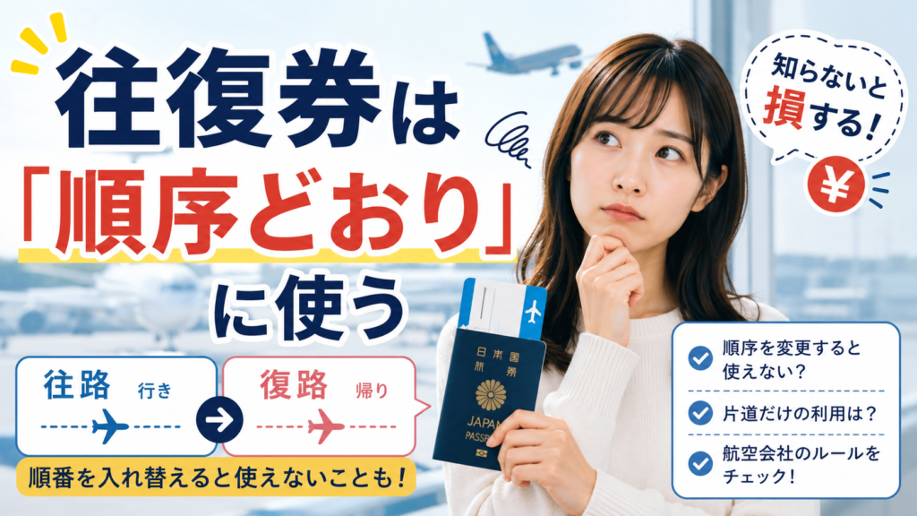 空港でパスポートと航空券を持つ日本人女性を描いた見出し画像。「往復券は順序どおりに使う」と書かれ、往路と復路を入れ替えると利用できない場合があることを伝えている。