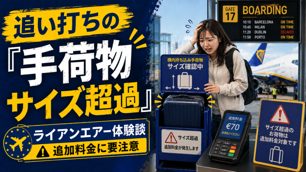 空港の搭乗ゲートで、スーツケースをサイズ測定器に入れながら困っている旅行者を描いた見出し画像。「追い打ちの『手荷物サイズ超過』｜ライアンエアー」と書かれ、機内持ち込み手荷物のサイズ超過による追加料金への注意を表している。