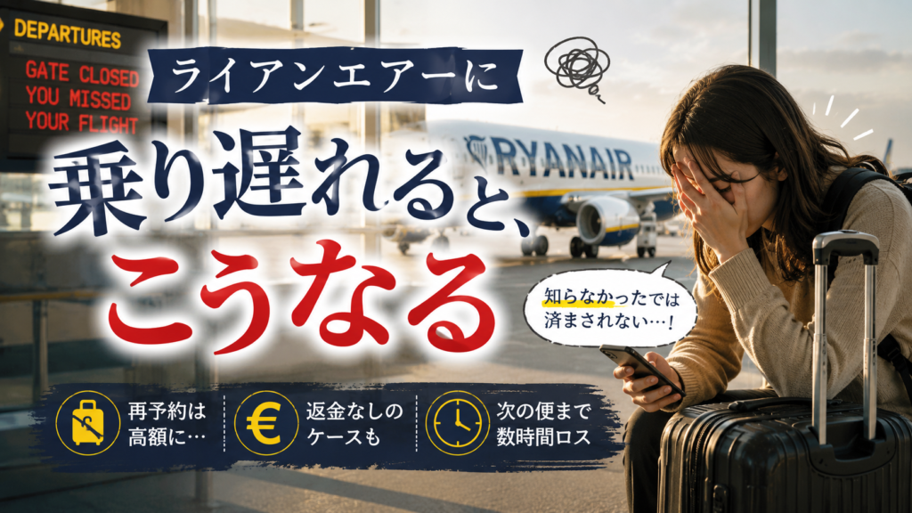 空港の出発ゲート前で、飛行機に乗り遅れて落ち込む女性旅行者を描いた見出し画像。「ライアンエアーに乗り遅れると、こうなる」と書かれ、再予約費用や返金、待ち時間への注意を表している。