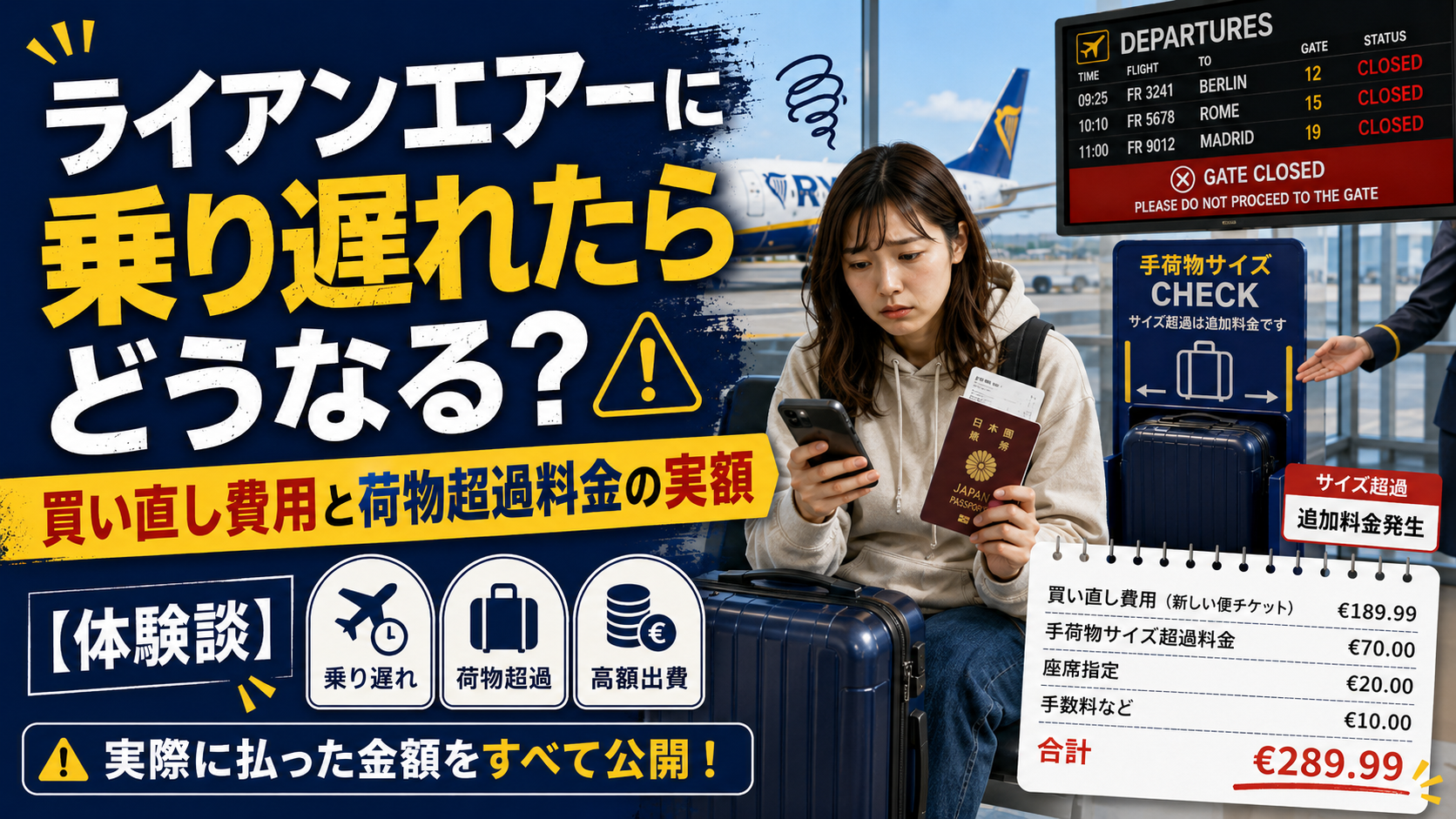 空港の搭乗ゲート前で、日本人女性がスマートフォンとパスポートを手に困った表情で座っているアイキャッチ画像。背景には出発案内板や飛行機、手荷物サイズチェック台があり、「ライアンエアーに乗り遅れたらどうなる？買い直し費用と荷物超過料金の実額【体験談】」と書かれている。