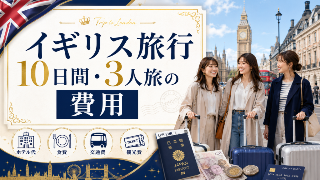 ロンドンのビッグ・ベンを背景に、スーツケースを持った3人の日本人女性旅行者を描いた見出し画像。「イギリス旅行10日間・3人旅の費用」と書かれ、ホテル代、食費、交通費、観光費などの内訳を紹介する内容を表している。