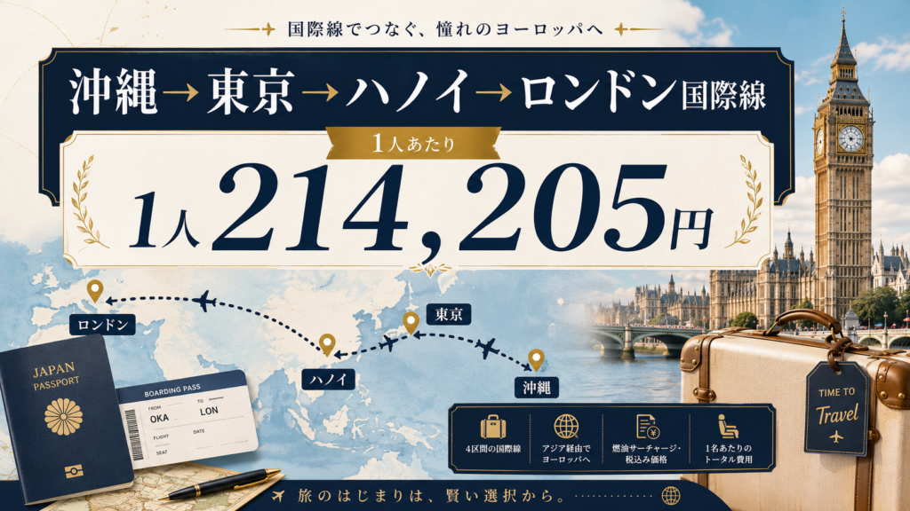 沖縄から東京、ハノイを経由してロンドンへ向かう国際線ルートを、地図や飛行機、パスポート、スーツケースとともに描いた見出し画像。「沖縄→東京→ハノイ→ロンドン国際線：1人214,205円」と書かれている。