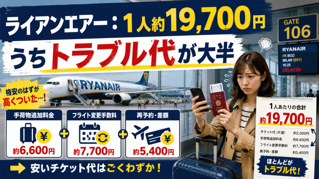 空港でスマートフォンとパスポートを手に困った表情を浮かべる日本人女性と、ライアンエアーの機体を描いた見出し画像。「ライアンエアー：1人約19,700円（うちトラブル代が大半）」と書かれ、手荷物追加料金、フライト変更手数料、再予約費用などの内訳を紹介している。