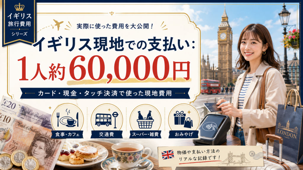 ロンドンのビッグ・ベンを背景に、日本人女性がタッチ決済をしている見出し画像。「イギリス現地での支払い：1人約60,000円」と書かれ、食事・カフェ、交通費、スーパー・雑費、おみやげなどの現地費用を紹介している。
