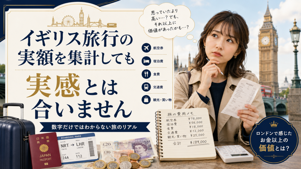 ロンドンのビッグ・ベンを背景に、日本人女性がレシートと旅行費用のメモを見ながら考え込んでいる見出し画像。「イギリス旅行の実額を集計しても実感とは合いません」と書かれ、航空券・宿泊費・食費・交通費・観光費などの数字だけでは表せない旅の価値を伝えている。