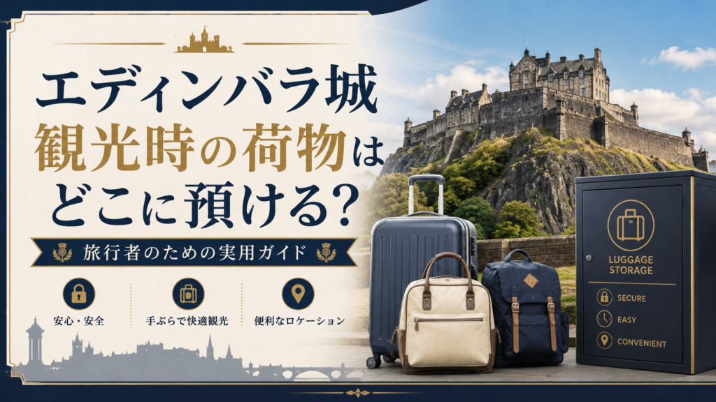 エディンバラ城を背景に、スーツケースやバッグ、荷物預かりボックスを描いた見出し画像。「エディンバラ城観光時の荷物はどこに預ける?」と書かれ、観光前に荷物を預ける方法を案内している。