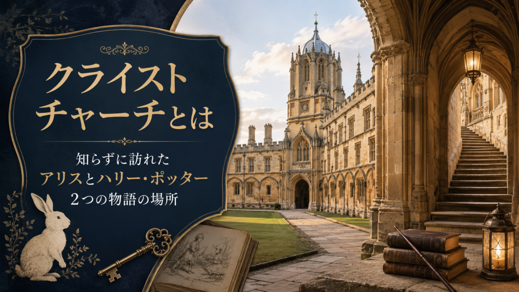オックスフォードのクライストチャーチの中庭と回廊を背景に、白うさぎ、古い鍵、魔法の本、杖を描いた見出し画像。「クライストチャーチとは|知らずに訪れたアリスとハリー・ポッター、2つの物語の場所」と書かれている。