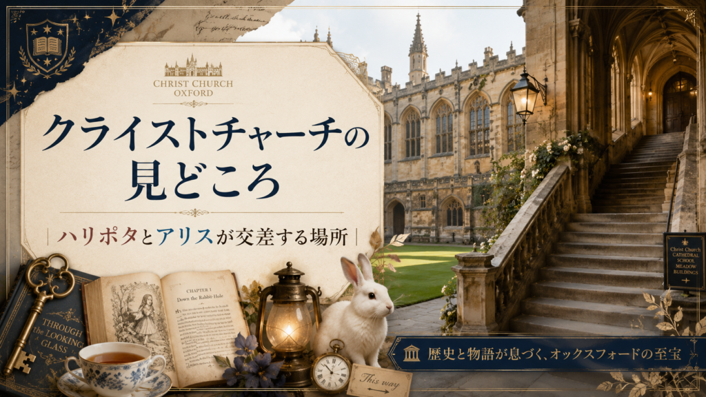 オックスフォードのクライストチャーチの中庭と回廊階段を背景に、白うさぎ、古い本、鍵、ランタン、懐中時計を描いた見出し画像。「クライストチャーチの見どころ|ハリポタとアリスが交差する場所」と書かれている。