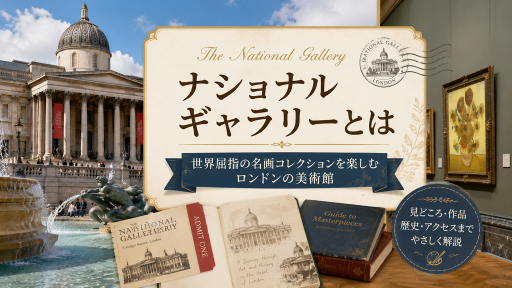 ロンドンのナショナル・ギャラリーの外観と館内の絵画展示を組み合わせた見出し画像。「ナショナルギャラリーとは」と書かれ、世界的な名画を所蔵するロンドンの美術館を紹介している。