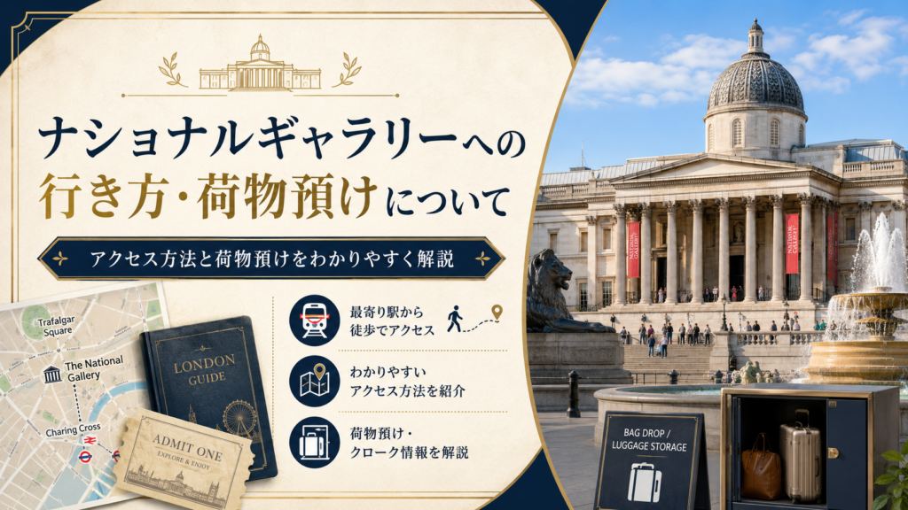 ロンドンのナショナル・ギャラリー外観とトラファルガー広場を背景に、周辺地図や列車アイコン、荷物預かりスペースを描いた見出し画像。「ナショナルギャラリーへの行き方・荷物預けについて」と書かれている。