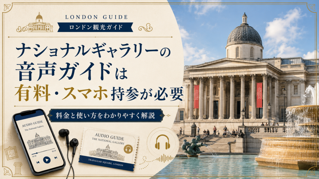 ロンドンのナショナル・ギャラリー外観を背景に、音声ガイドを再生するスマートフォンとイヤホンを配置した見出し画像。「ナショナルギャラリーの音声ガイドは有料・スマホ持参が必要」と書かれ、料金や利用方法を紹介している。