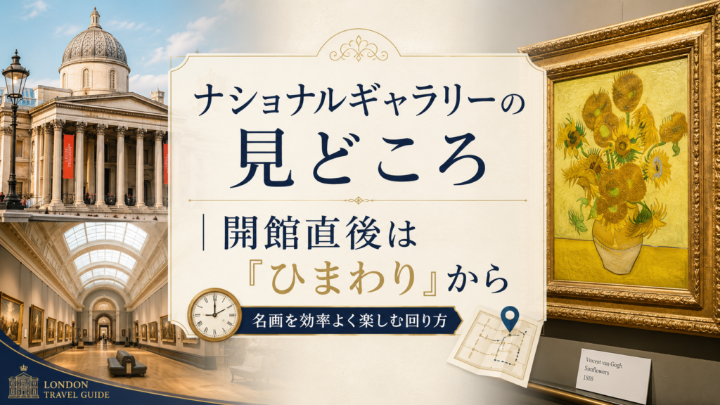 ロンドンのナショナル・ギャラリー外観と館内展示を背景に、ゴッホの「ひまわり」を大きく配置した見出し画像。「ナショナルギャラリーの見どころ｜開館直後は『ひまわり』から」と書かれ、混雑前に名画を効率よく鑑賞する回り方を紹介している。