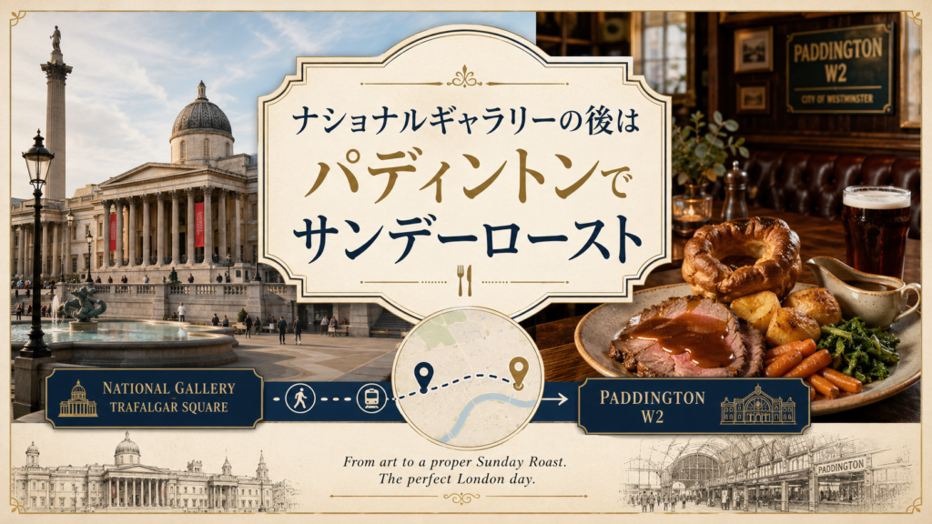 ロンドンのナショナル・ギャラリー外観と、パディントンの英国風パブで提供されるローストビーフ、ヨークシャープディング、野菜を盛り付けたサンデーローストを組み合わせた見出し画像。「ナショナルギャラリーの後はパディントンでサンデーロースト」と書かれている。