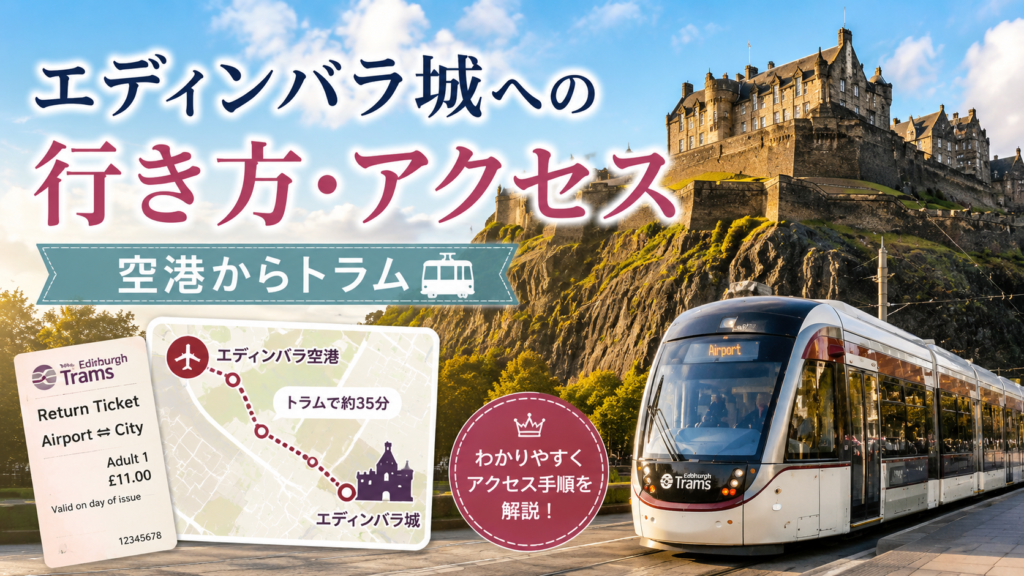 エディンバラ城と空港方面から走るトラムを背景に、乗車券とアクセスルートの地図を配置した見出し画像。「エディンバラ城への行き方・アクセス|空港からトラム」と書かれ、エディンバラ空港からトラムで向かう方法を紹介している。