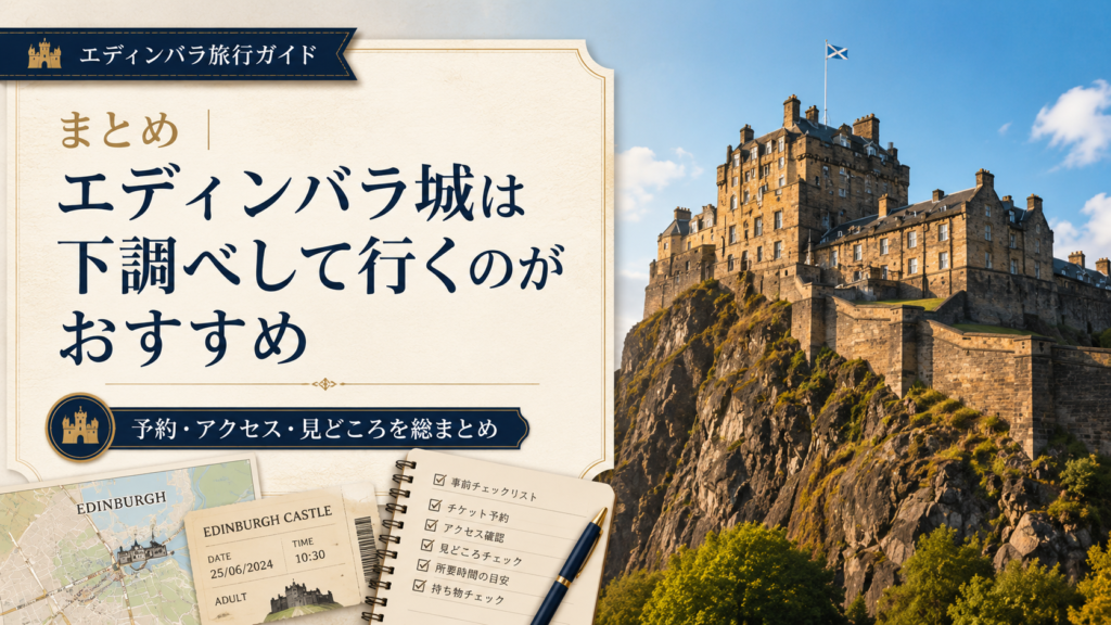 青空の下にそびえるエディンバラ城を背景に、地図、入場チケット、事前確認用のチェックリストを配置した見出し画像。「まとめ|エディンバラ城は下調べして行くのがおすすめ」と書かれ、予約・アクセス・見どころ・所要時間などを総まとめしている。