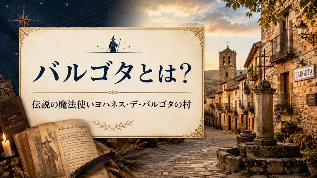 スペインの石造りの村バルゴタと教会、古い魔法書に描かれた伝説の魔法使いを組み合わせた見出し画像。「バルゴタとは?伝説の魔法使いヨハネス・デ・バルゴタの村」と書かれている。