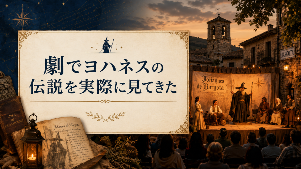 バルゴタの広場に設けられた屋外舞台で、魔法使いヨハネスの伝説を演じる役者と観客を描いた見出し画像。「劇でヨハネスの伝説を実際に見てきた」と書かれている。