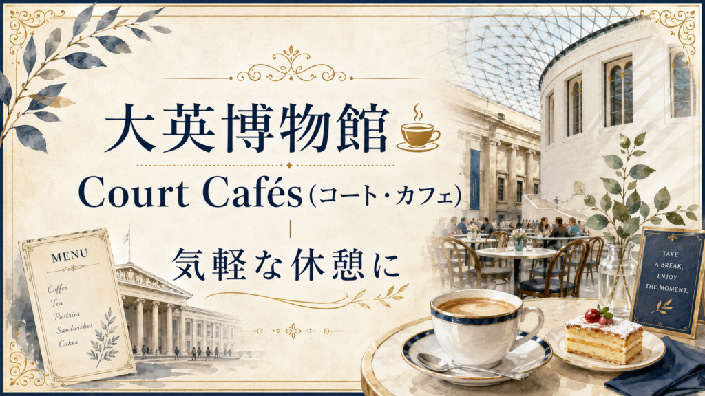 大英博物館のCourt Cafés(コート・カフェ)を、館内で気軽に休憩できるカフェとして紹介する記事用見出し画像。