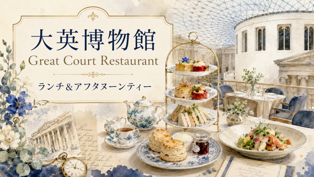 大英博物館のGreat Court Restaurantで楽しめるランチとアフタヌーンティーの雰囲気や特徴を紹介する見出し画像。