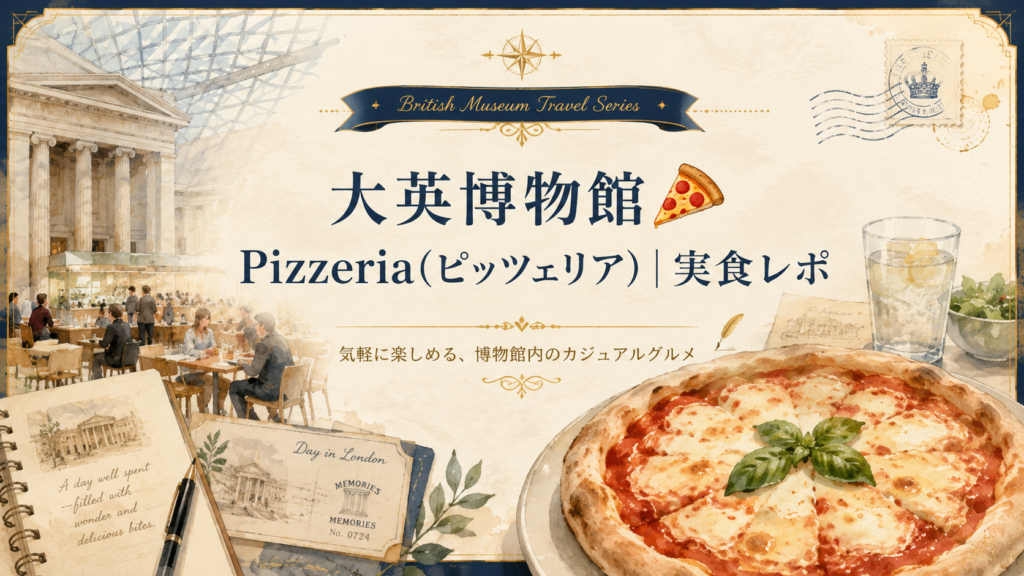 大英博物館のPizzeria(ピッツェリア)の実食レポとして、館内で楽しめるピザや雰囲気を紹介する見出し画像。