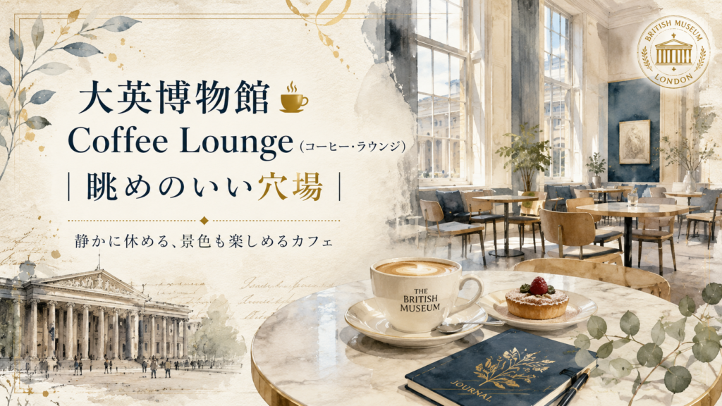 大英博物館のCoffee Lounge(コーヒー・ラウンジ)の雰囲気や眺め、館内で静かに休憩できる穴場カフェとして紹介する見出し画像。