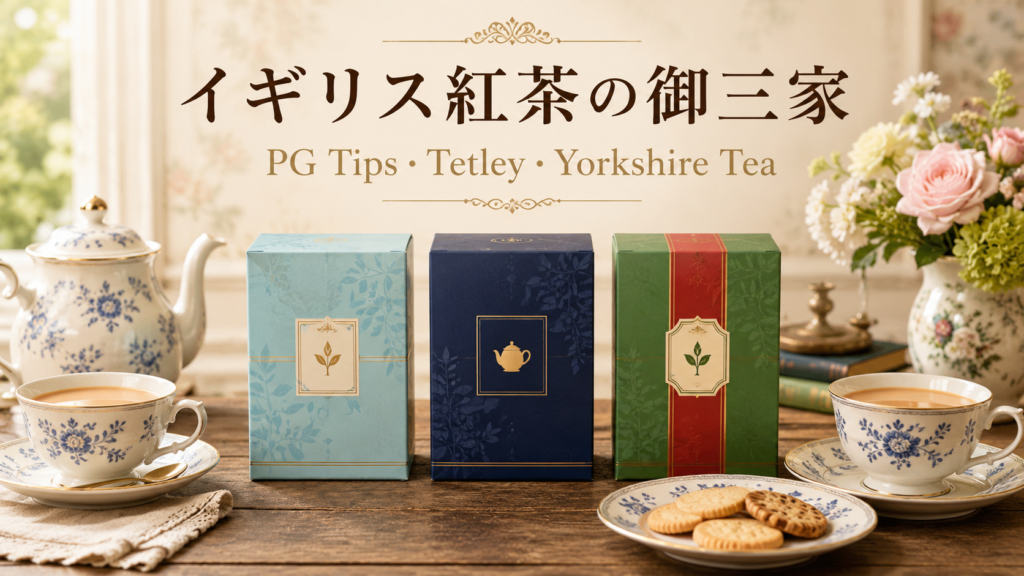 PG Tips、Tetley、Yorkshire Teaを比較紹介するイギリス紅茶の御三家の記事用見出し画像。
