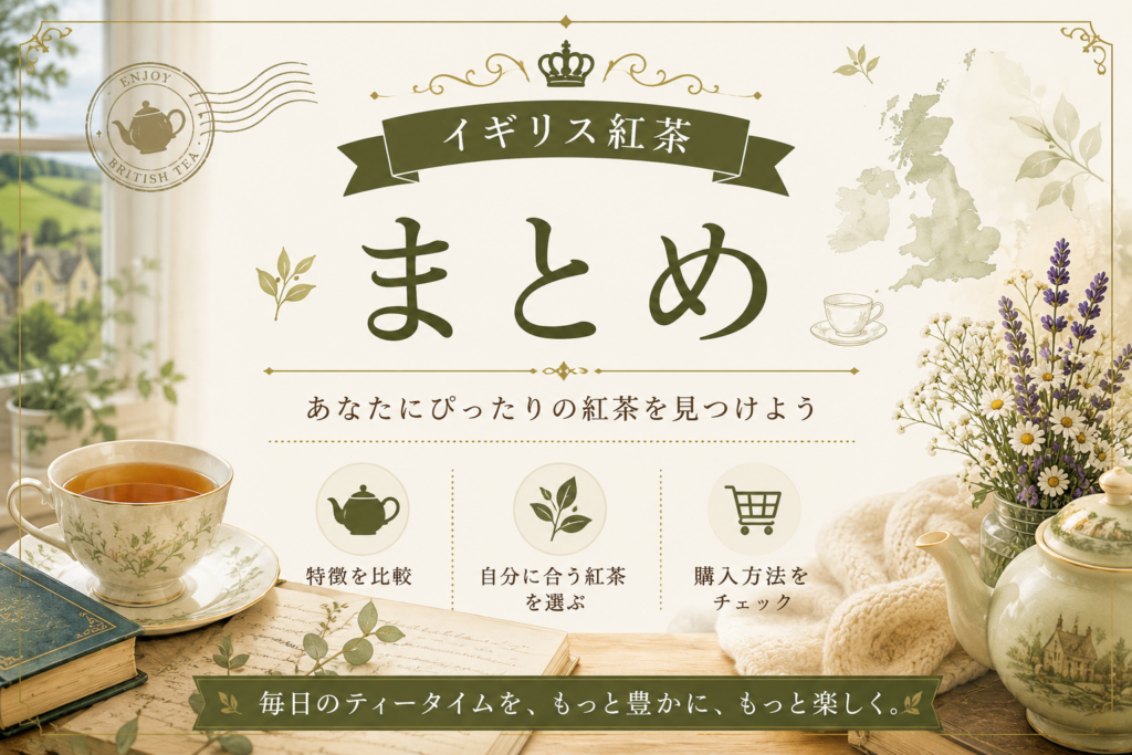イギリス紅茶の特徴や選び方、購入方法をまとめ、自分に合う紅茶を見つけるための記事用見出し画像。