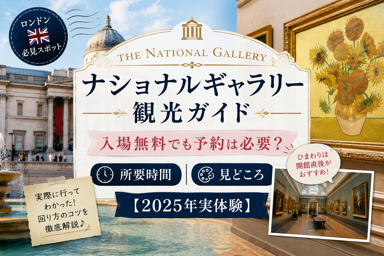 ロンドンのナショナル・ギャラリー外観と館内展示、ゴッホの「ひまわり」を組み合わせたアイキャッチ画像。「ナショナルギャラリー観光ガイド｜入場無料でも予約は必要？所要時間・見どころ【2025年実体験】」と書かれている。