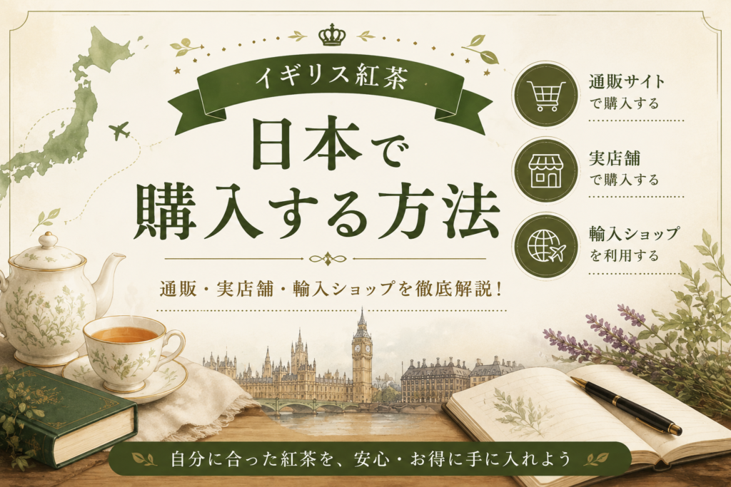 イギリス紅茶を日本で購入する方法として、通販サイト・実店舗・輸入ショップの選び方を紹介する見出し画像。