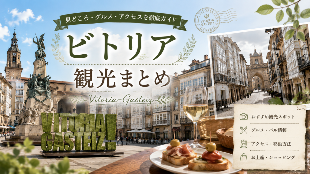 スペイン・ビトリア＝ガステイスの歴史ある広場や街並み、教会、記念碑、ピンチョスと白ワインを組み合わせた見出し画像。「ビトリア観光まとめ」と書かれ、見どころ・グルメ・アクセス・買い物情報を総まとめしている。