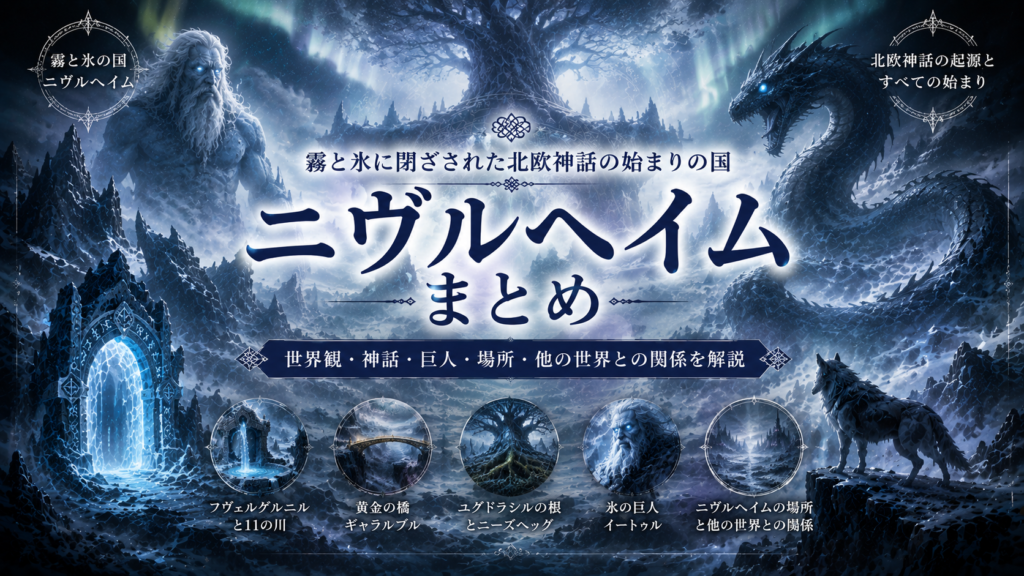 霧と氷に覆われた北欧神話のニヴルヘイムを背景に、ユグドラシル、ニーズヘッグ、氷の巨人、狼、光る門などを描いた見出し画像。「ニヴルヘイムまとめ」と書かれている。
