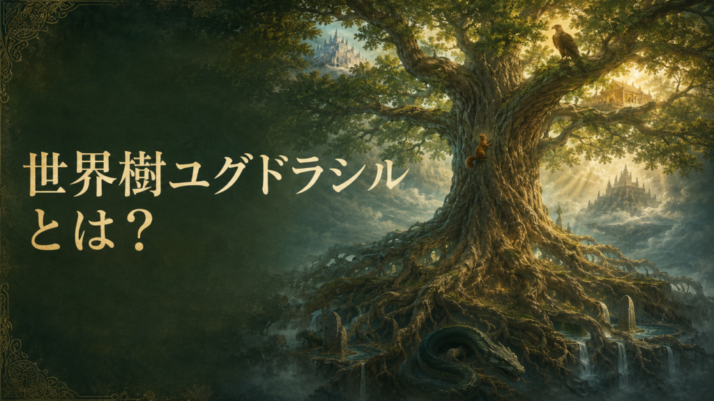 北欧神話の九つの世界をつなぐ世界樹ユグドラシルと、ワシ、ラタトスク、ニーズヘッグを描いた見出し画像
